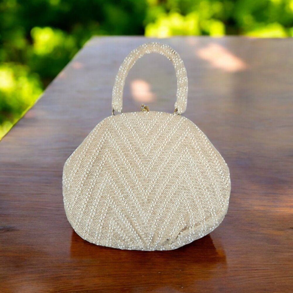 Vintage 1950s Sequin Beaded Purse Gold Tone Kisslock Clasp Evening Handbag READ